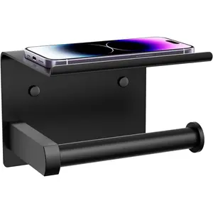 Stainless Steel Toilet Paper Holder with Shelf Wall Mounted Self-Adhesive Punch-Free Storage Rack for Bathroom