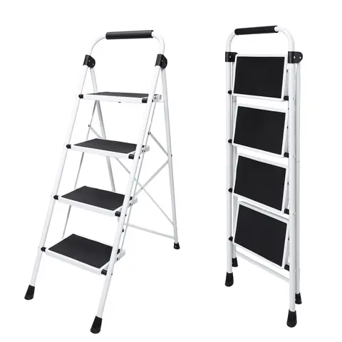 Sweetcrispy Foldable Iron Stepstool - Aluminum Step Ladder with Non-Slip Foot Pedals, Comfortable Handrails, Steel Frame, Folds Flat to Save Space in Closets, Portable Heavy-Duty for Kitchen, Office Use, Climbs Tall Shelves Easily