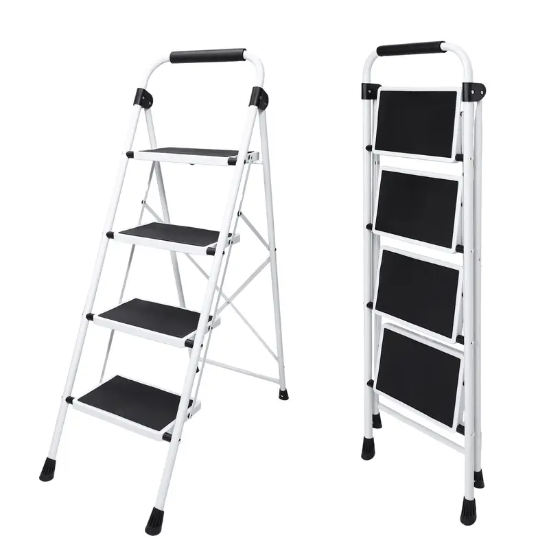 Sweetcrispy Foldable Iron Stepstool - Aluminum Step Ladder with Non-Slip Foot Pedals, Comfortable Handrails, Steel Frame, Folds Flat to Save Space in Closets, Portable Heavy-Duty for Kitchen, Office Use, Climbs Tall Shelves Easily