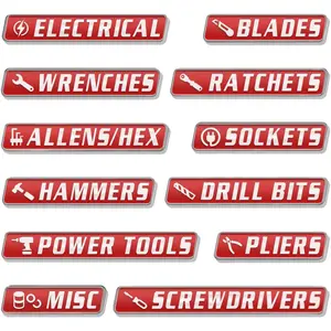 12 Pack  Toolbox Labels, Metal Tool Chest Organizer Tags,Heavy Duty Embossed Labels for Mechanic Tool Box, &   Badges for Wrenches,Sockets,Pliers (Red)