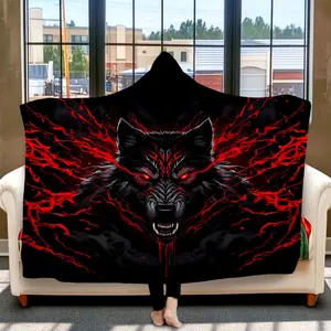 1pc Fierce Red Eye Wolf Hooded Blanket, Super Soft Flannel Oversized Wearable Blanket, Giant Digital Print Cloak Plush Comfy for Lounging, Gaming, Watching TV, Reading, Napping, Sofa Bed All-Sea Cozy Hooded Blanket