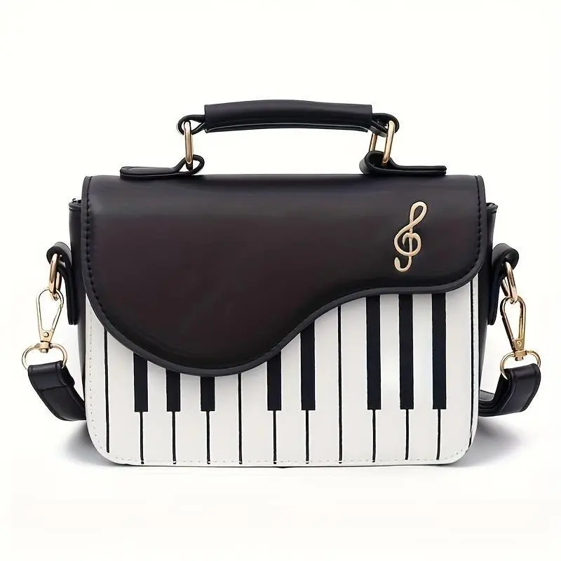 Piano Keys Crossbody Bag for Women - Novelty Music Note Purse with Treble Clef Charm, Black White PU Leather Top Handle Satchel, Cute Music Lover Gift