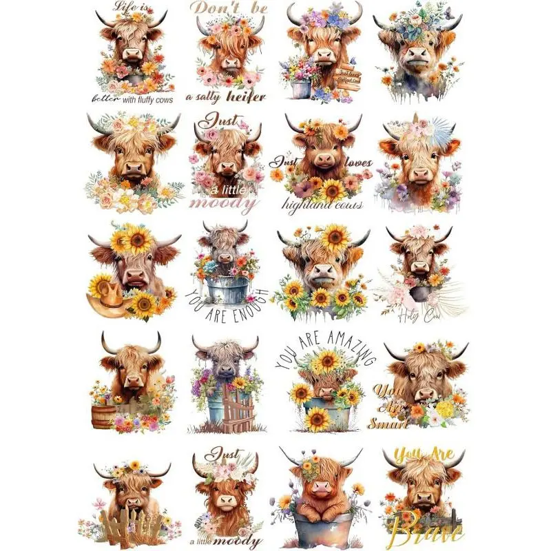 UV DTF Cup Wrap - 20 Sheets Highland Cow UV DTF Cup Wraps for 16 oz, Sunflower Uvdtf Decals, Waterproof Personalized Rub on Transfer Stickers for Glass, DIY Wood Crafts
