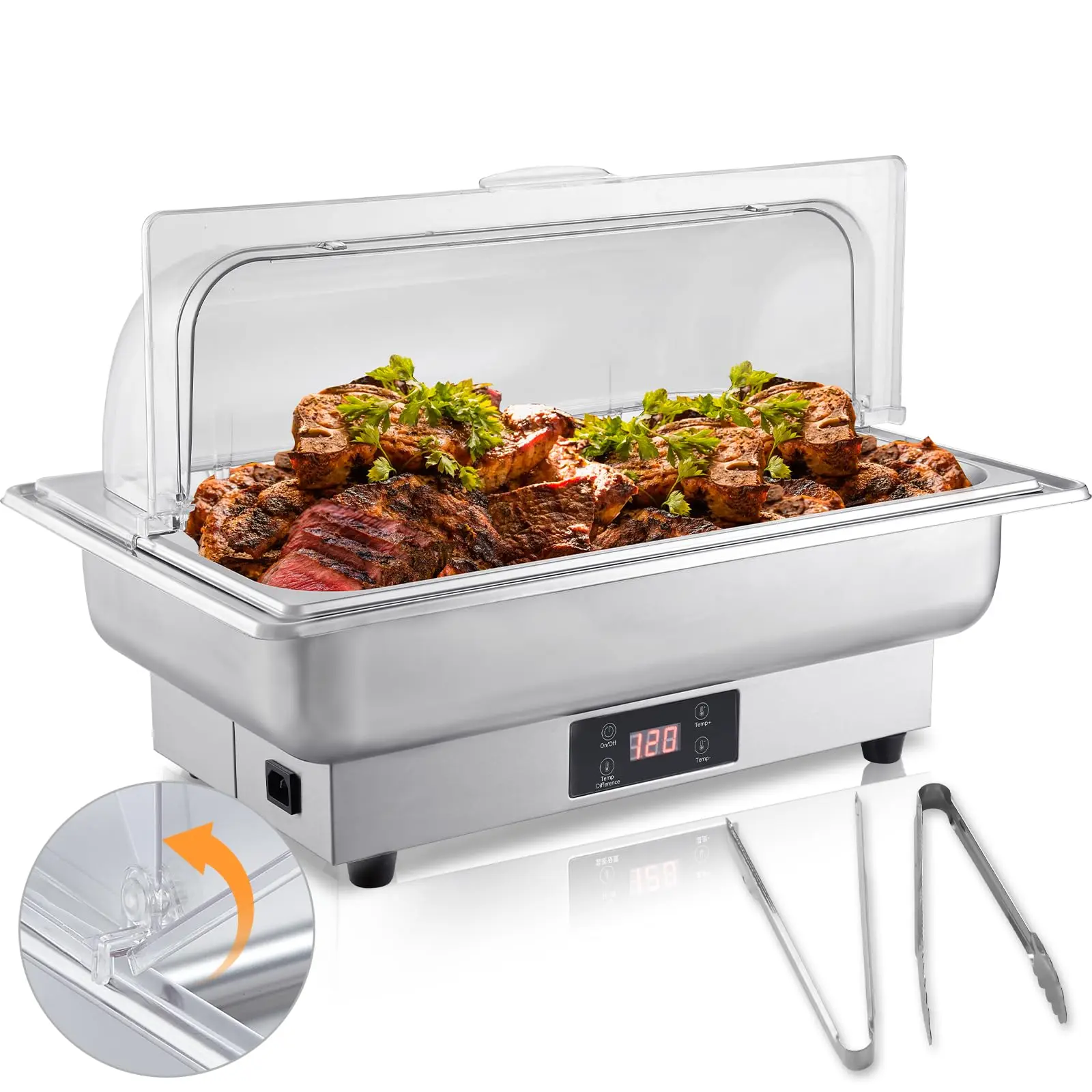 OCTAVO Electric Chafing Dish 2x4.5QT Adjustable Temp Roll Top Food Warmer Half Size Auto ShutOff Stainless Steel Buffet Servers And Warmers Temp Display Transparent Lid Chafers For Catering