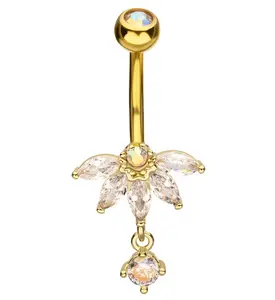 Gold PVD Half Flower Clear And Rainbow Aurora CZ Dangle Stainless Steel Belly Button Ring