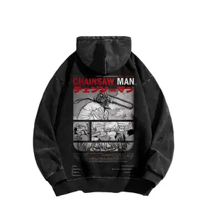 CSM  washed hoodie, fun anime reference hoodie, comic book hoodie, Japanese otaku streetwear, unisex printed top, cool anime clothing gift, CSM fan Christmas outfit.