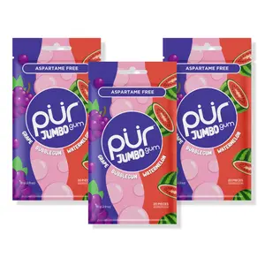 PUR Jumbo Gum | Aspartame Free Chewing Gum |  Xylitol | Natural Bubblegum, Grape, Watermelon Flavor, 20 Pieces (Pack of 3) Snack Sugar