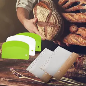 5 Pcs Kitchen  Bench Scraper,Including 2 Pcs Stainless Steel Dough Scraper with Wood Handle and 3 Pcs PP Food Scraper with Hanging Hole,Multipurpose Bread Dough Cutter for Baking Plastic Set