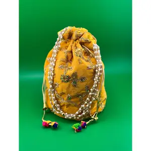 Designer Bottom Flat Ethnic Silk Indian Wedding Potli Bag, Silk Embroidery | Indian Ethnic Potli Bag | Hand Bag | Hand Purse for Party Wedding and Gifting | Women Potli Bag | Pouch | Coin | Phone | Key | Jewellery Purse for Women & Girls