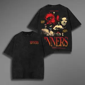 [COLLECTION] Sinners T-Shirt, Vintage Movie 2025 Unisex Horror Action Film Acid Washed Tee Oversized Cotton Graphic Tee Shirt, Men Gifts
