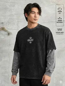 Oversized Vintage Wash Faux Two-Piece Long Sleeve T-shirt - Black Gray Contrast Layered Top with Embroidered Cross | Unisex Grunge Aesthetic Streetwear Layering Hack Fall Essential | Soft Breathable Skater Style Must Have | #altfashion #vintage