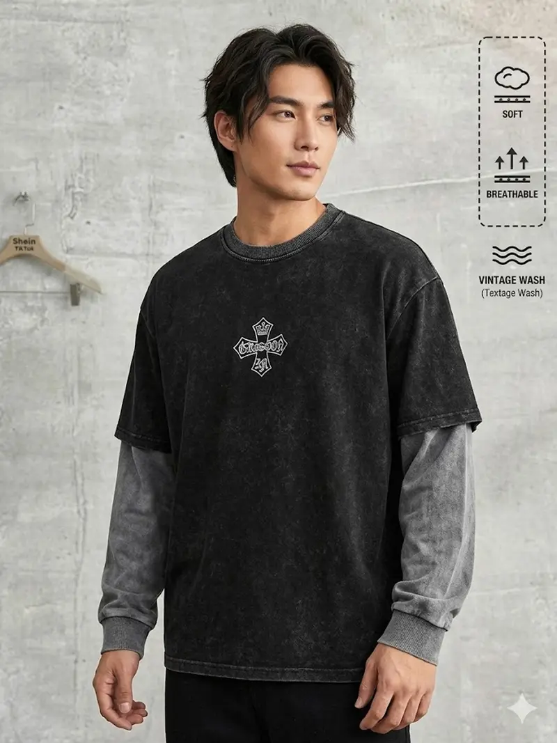 Men's Opium Style Acid Wash Oversized T-Shirt - Cyber Tribal Metal