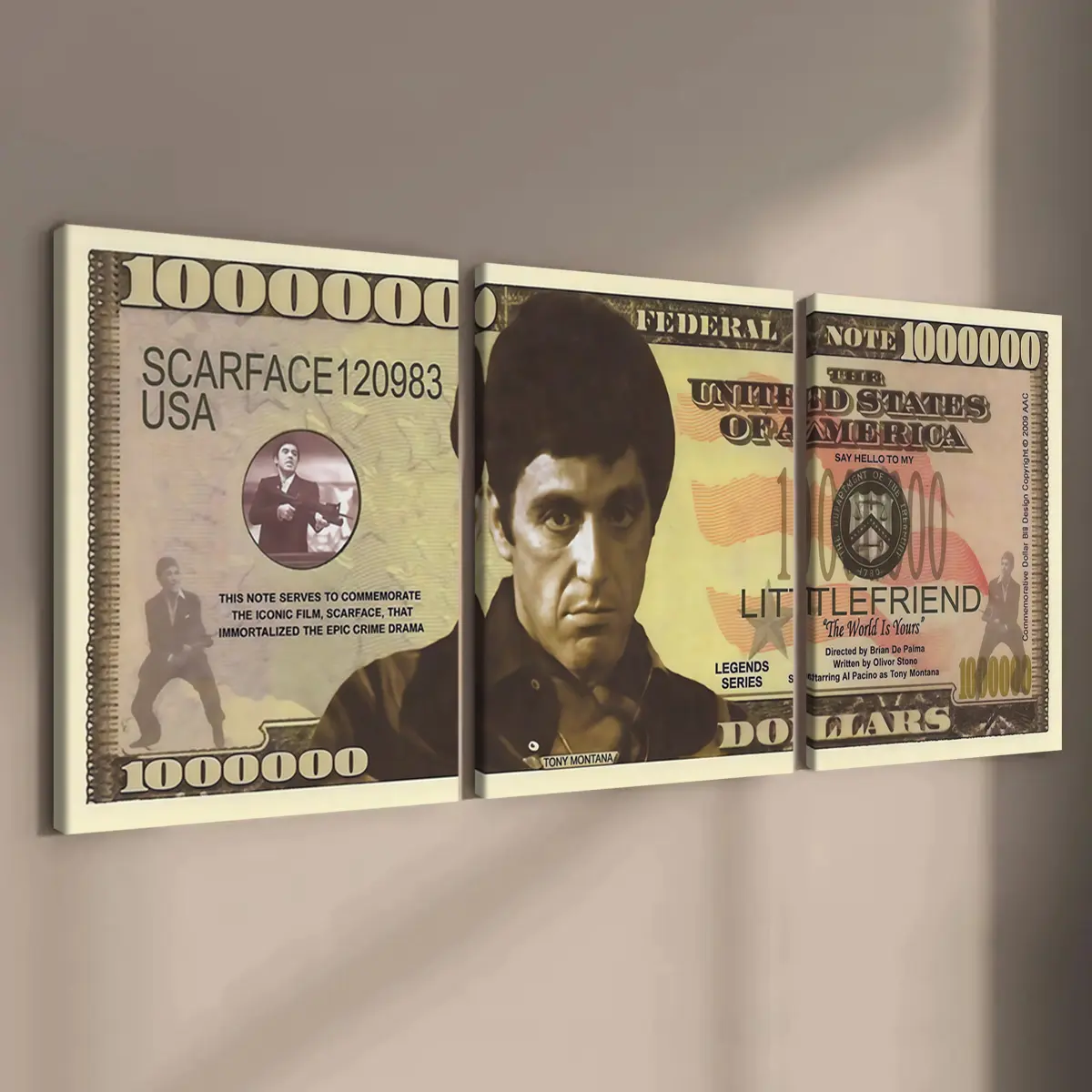 3 Count wooden frame canvas, Scarface: The Dark Legend poster of the banknote Face, retro money art decoration, exquisite murals, stylish bedroom decoration, modern home decoration, living room and corridor wall decoration, HD, waterproof, art