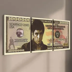 3 Count wooden frame canvas, Scarface: The Dark Legend poster of the banknote Face, retro money art decoration, Modern art design, murals, bedroom decoration, modern home decoration, living room and corridor wall decoration, HD, waterproof, art