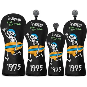 Surfing Skull Golf Club Cover Set, Golf Accessories, Fashionable Design Fits Multiple Brands, Includes 4pcs Drivers & Hybrid Covers Ideal for Fairways