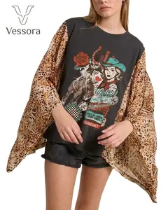 Vessora Womens Vintage Western Leopard Patchwork Batwing Sleeve Top – Oversized Boho Cowgirl Graphic Tee, Rodeo Country Concert Outfit, Casual Loose Streetwear Blouse