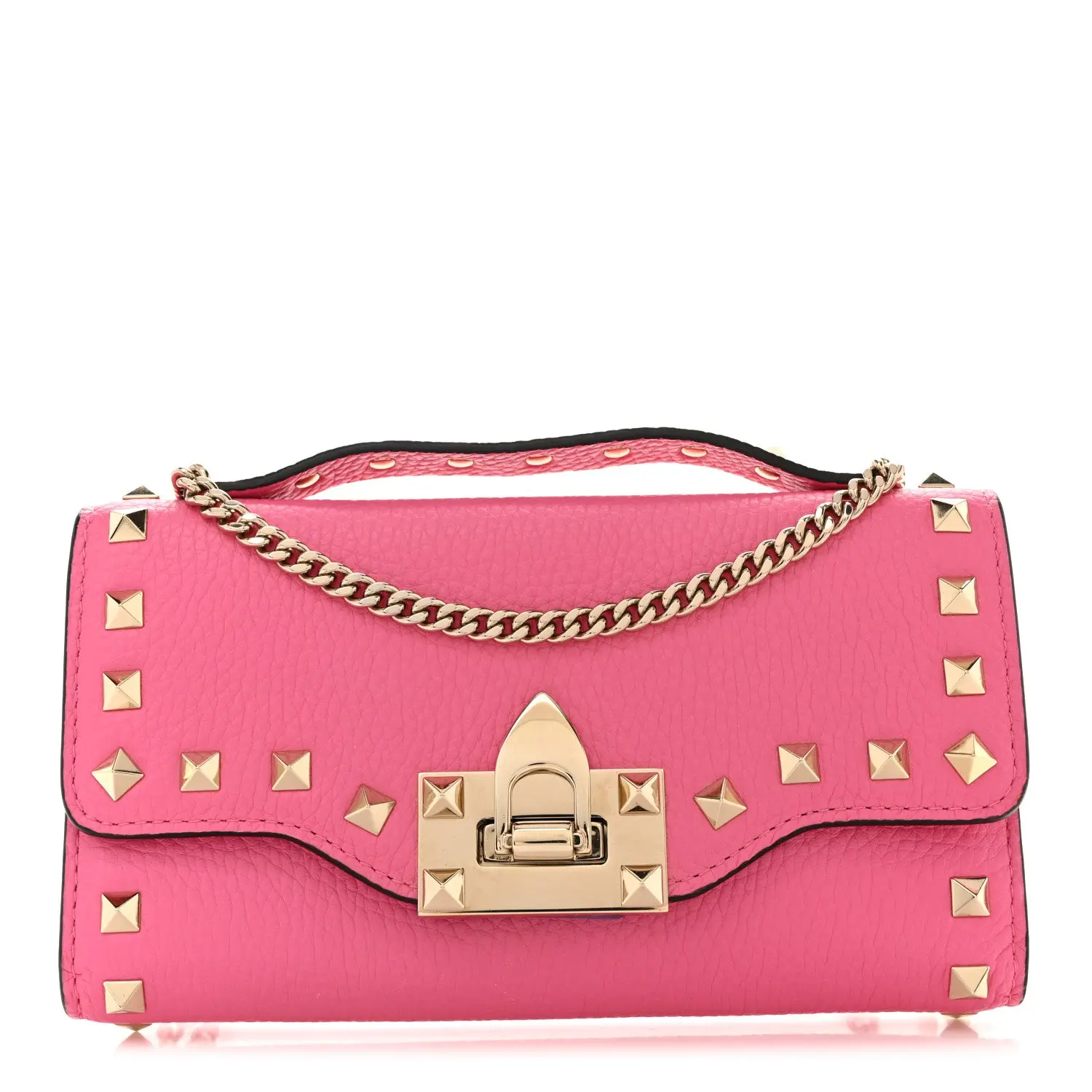 Pre-owned Pebbled Calfskin Leather Crossbody Bags Valentino Garavani Pebbled Calfskin Rockstud Flip Lock Wallet On Chain Feminine Pink