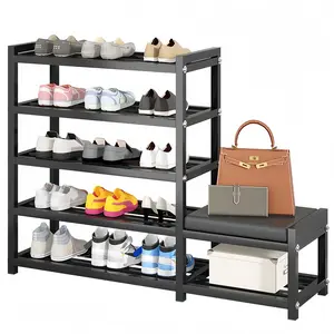 5-Tier Metal Shoe Rack for Closet, Free Standing Iron Shoe Shelf for Entryway and Doorway, with Bench, Black