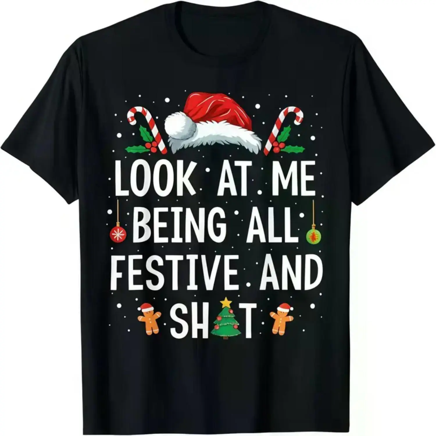 Unisex Black Santa Graphic T-Shirt - 100% Cotton Festive Christmas Streetwear, Short Sleeve Casual Holiday Party Top