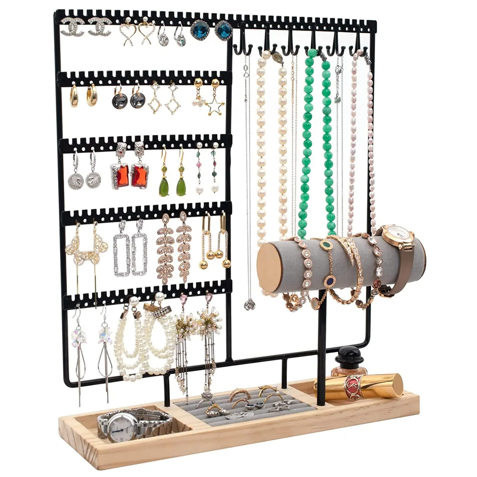 Earring Holder, Ear Stud Organizer with Wooden Tray, 5-Tier Jewelry Tower Rack, Jewelry Organizer Stand for Earrings Necklaces Bracelets Watches and Rings Gift Metal