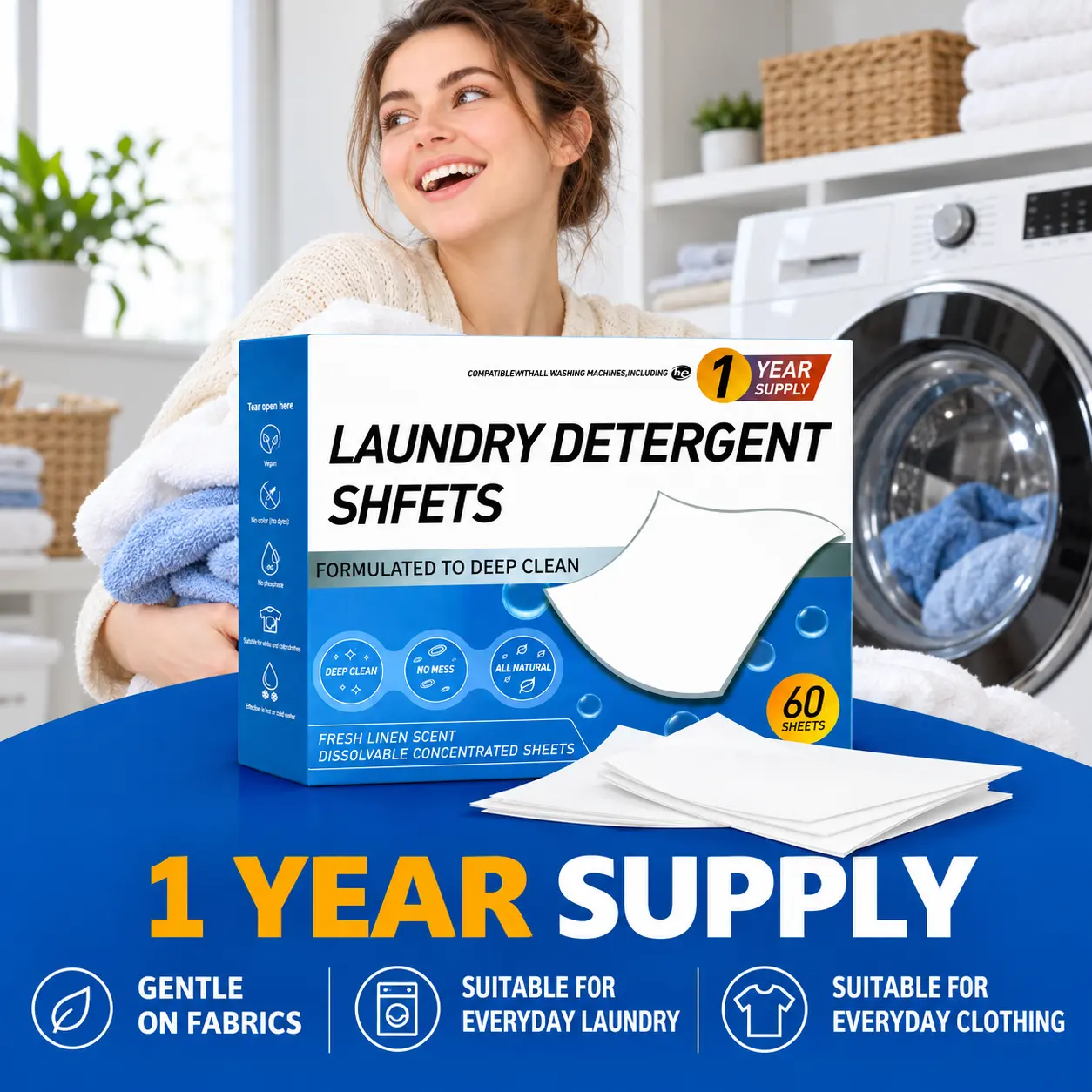 Laundry Detergent Sheets, Fresh Scent Laundry Sheets, Helps Remove Dirt & Odors, Easy Dissolving Formula