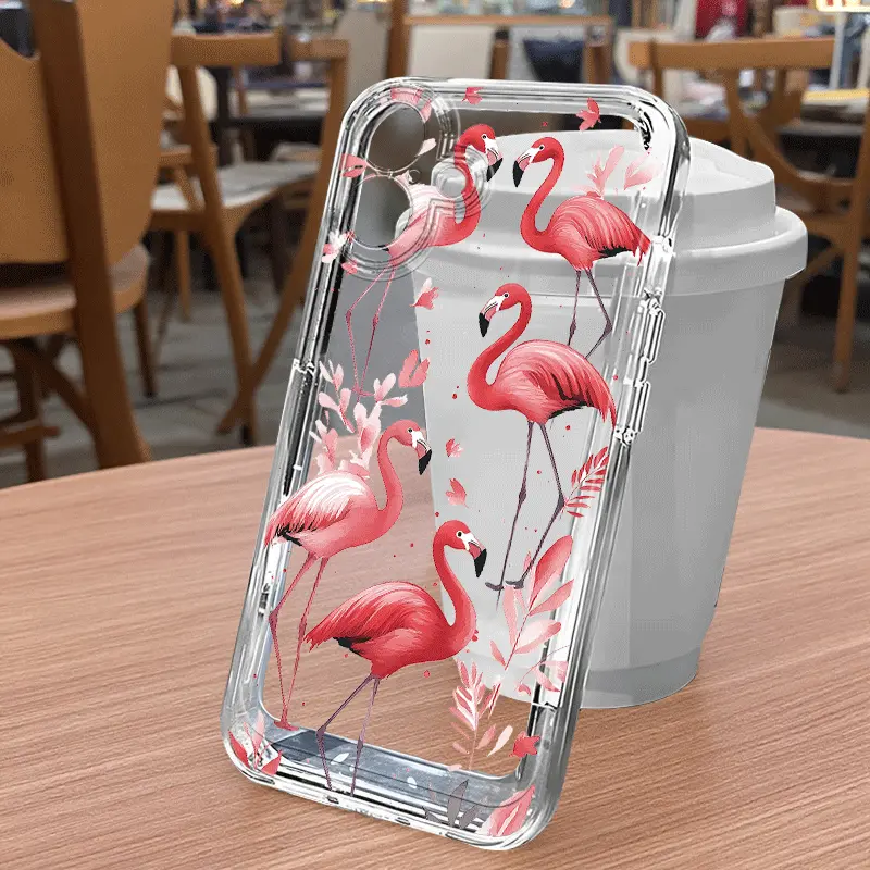 Phone case: Water pink flamingo and plant phone cases - Cartoon transparent shock-absorbing - Full coverage TPU phone case, suitable for iPhone 17/16/15/14/13/12/11/Pro/ProMax/Plus/Air/X/SS/XSMAX series, birthday gift, holiday gift, couple phone case summ
