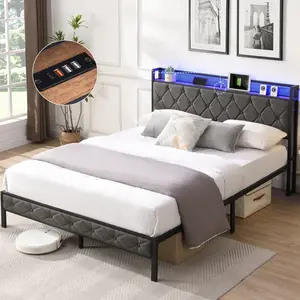 [Bellemave]Full/Queen /King  Bed Frame with  Storage Headboard, Charging Station and LED Lights, Upholstered Platform Bed with Heavy Metal Slats, No Box Spring Needed, Noise Free, Easy Assembly, Dark Gray