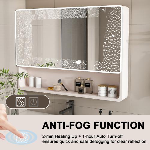 Aluminium Medicine Cabinet Mirror, 36 * 28in Tri-Color LED Light Bathroom Mirror with Cosmetic Storage Rack, Hair Dryer Holder and Defogging Function-khaki