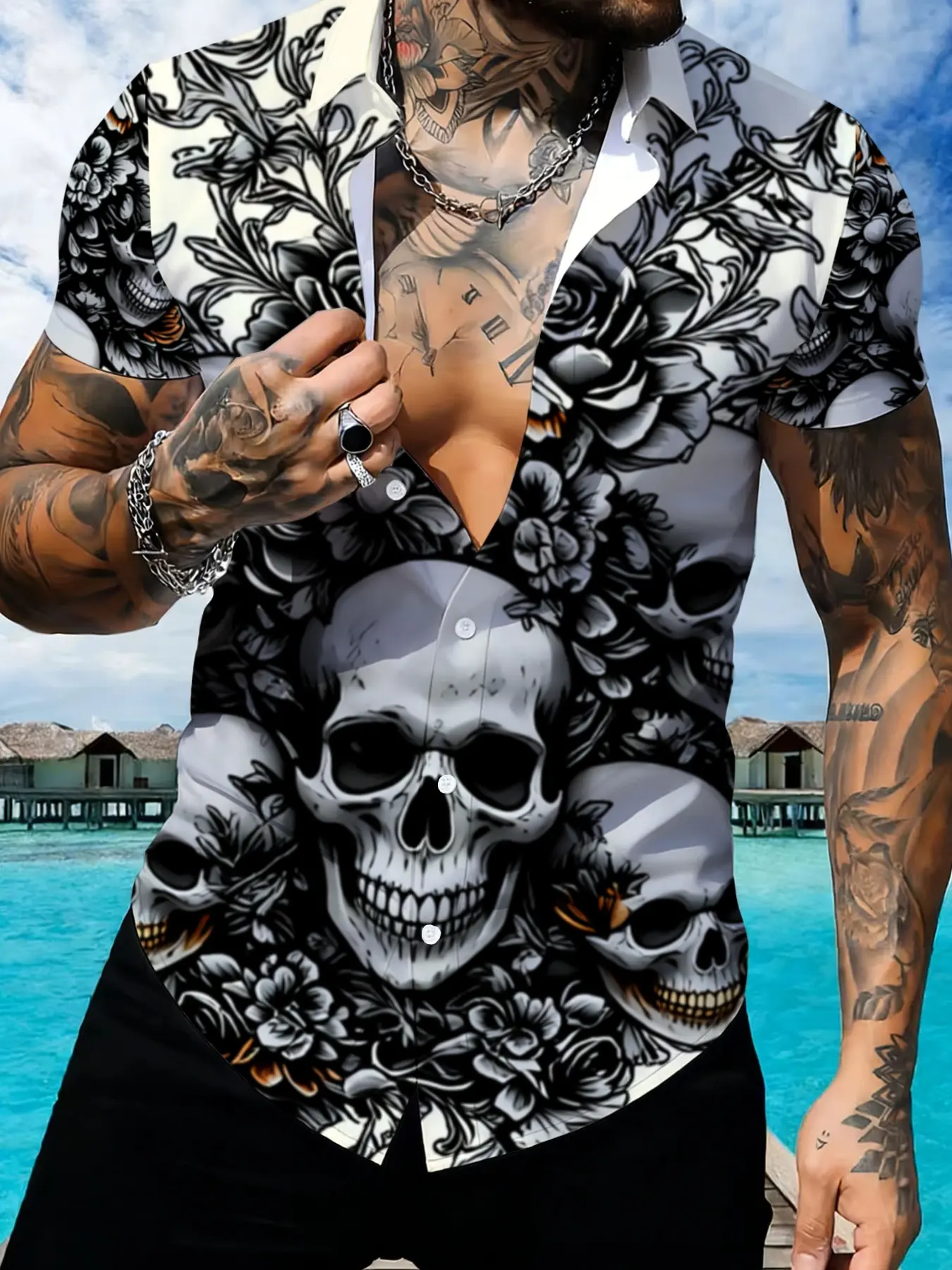 Men's Skull Floral Printed Short Sleeve Casual Buttons Collared Shirt, Casual Beach Shirt, Summer Lapel Cardigan Trendy Casual Top