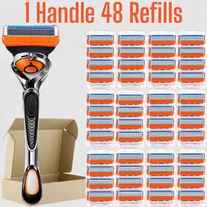 【sealed packaging】Men's shaving razor set, 1 swing handle and 12/24/36/48 replacement blades, 6-layer blades, the blades are very sharp, smooth shaving, anti-scratch damping plate, engineering stainless steel, very durable.