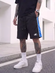 Men's Athletic Sport Shorts, 100% Nylon Lightweight Breathable Fabric, Color Block Side Tape, Graphic Print, Drawstring Waist, Loose Fit Workout Streetwear Shorts