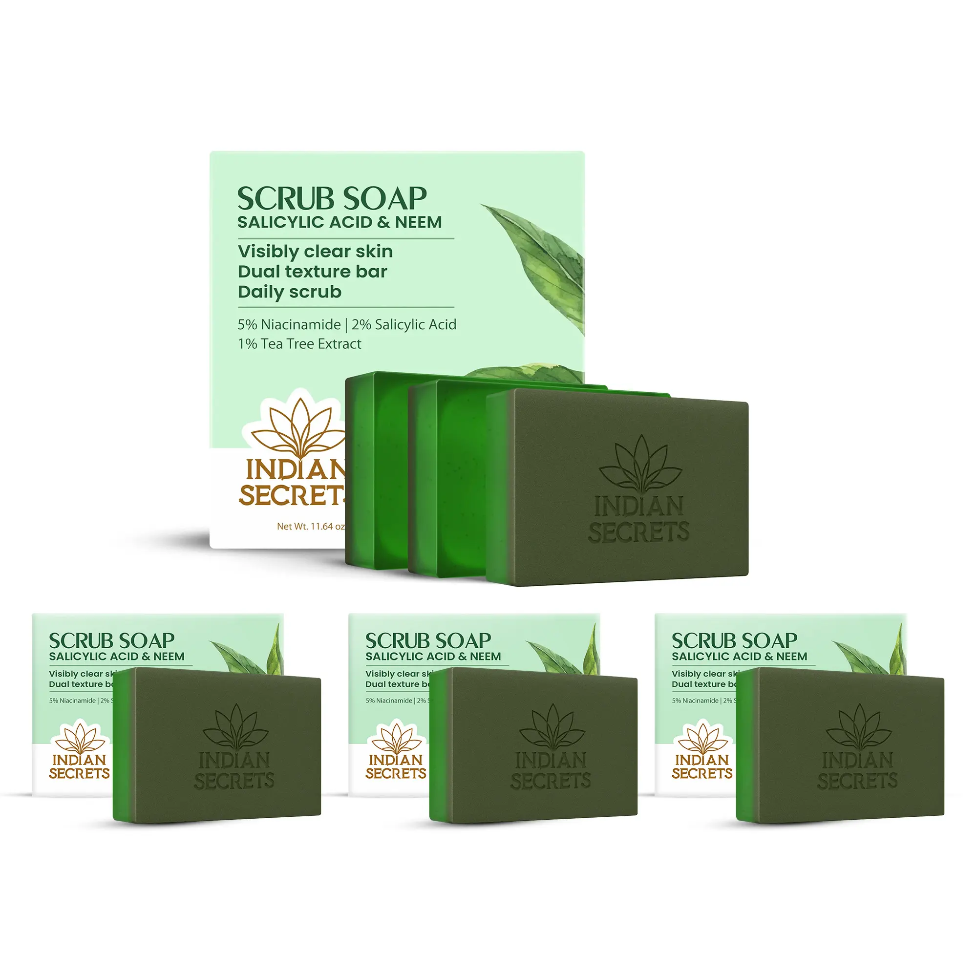 Indian Secrets Salicylic Acid Neem Scrub Soap for Face & Body | Exfoliating Bar Soap, Tea Tree & Niacinamide | Suitable for Pore Cleansing, Oily & Acne-Prone Skin - (6 Units Bundle x 110g/3.88oz)
