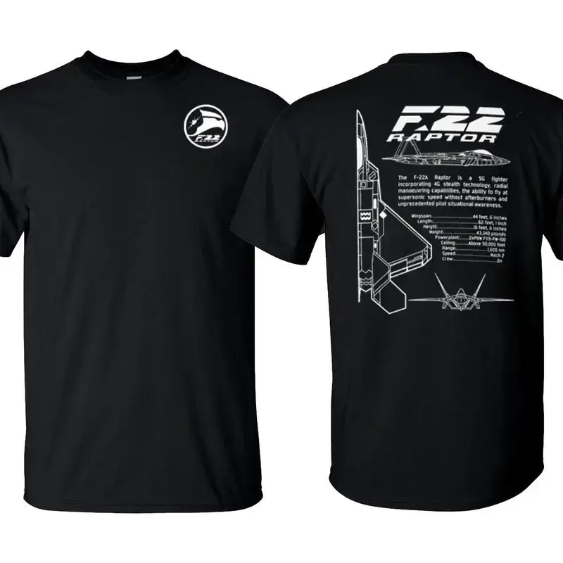 Men's Lockheed Martin F-22 Raptor T-Shirt - Vintage Stealth Fighter Jet Print, Short-Sleeve Round Neck Cotton Hemmed Military Aviation Top, USA Air Force Pilot-Inspired Gift, Shortsleeve, Casual, Digital Print, Aviation Lovers, Double-Needle Sleeves, F-22