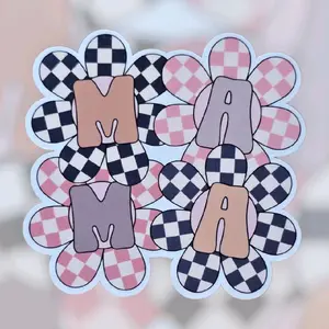 Mama Checkered Flowers Waterproof Holographic Sticker for Kindle Accessories Tumbler Decal Modern Design Easy Application