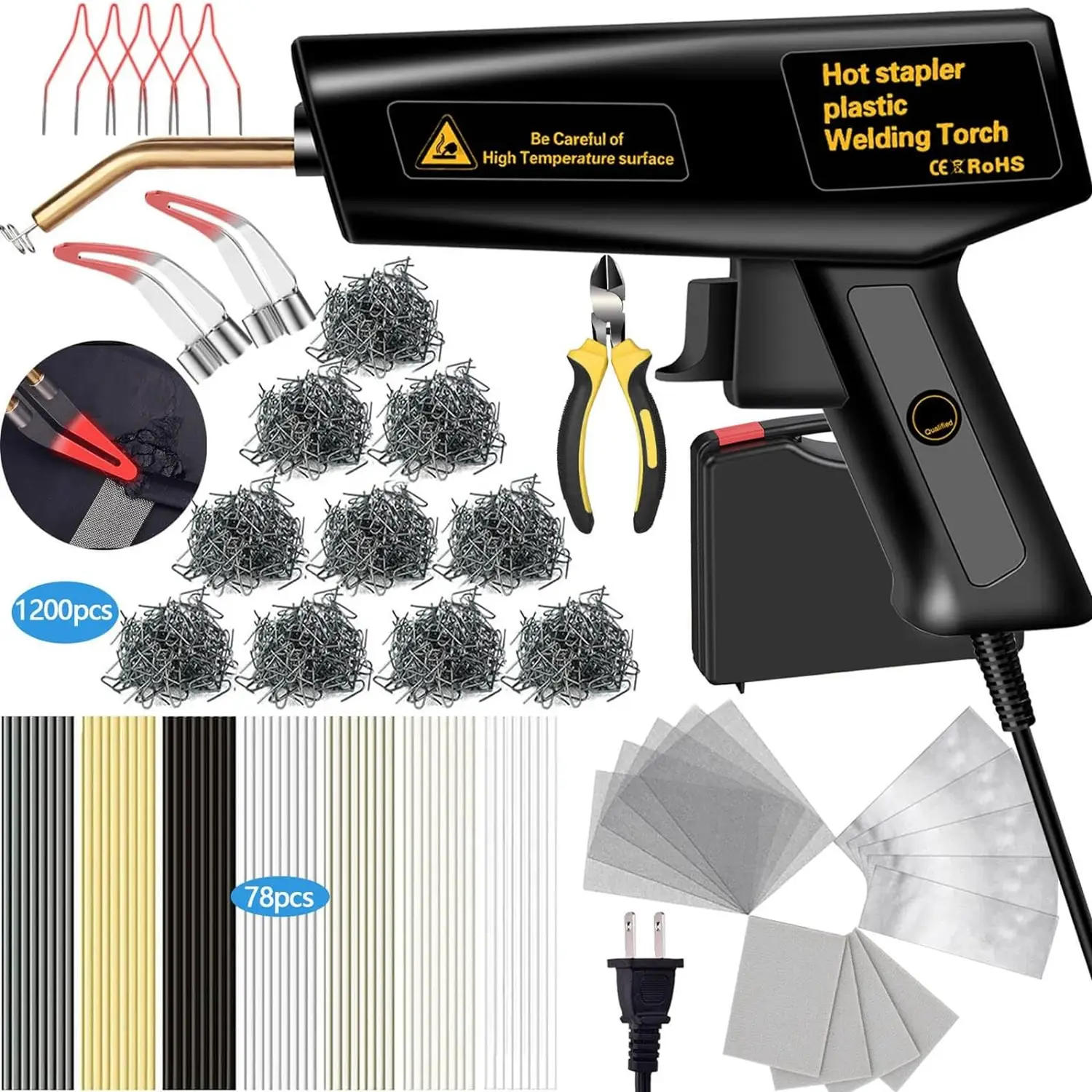 GNI,200W Plastic Welder Tool Kit, 1200PCS Staples 78PCS Plastic Welding Rods High Power Plastic Welding Kit, Hot Stapler Plastic Welder Gun Car Bumper
