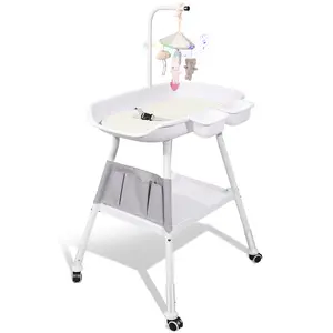 Baby Changing Table Diaper Changing Table, Adjustable Height Diaper Changing Station with Changing Pad, Baby Crib Mobile, Storage Rack Pockets for Newborns Babies and Infants (Grey)