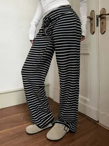 tiktokshopspringglowup Cozy Womenswear Black & White Striped Loose Wide-Leg Pants | Soft Ribbed Knit | High Waist Adjustable Drawstring | Lounge & Streetwear Essential | Comfy Flowy Trousers for Everyday Outfit #OOTD #LoungeWear