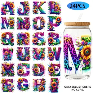 24PCS/Set Neon Sunflower Alphabet ThemedUV DTF 16OZ DIY Transfer Paper Set,Used For 16oz Water Bottles,Glass Bottles Laptops Home Decoration DIY High Viscosity Transfer Paper