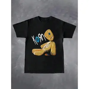 Men Korn Band Graphic T-Shirt Black Short Sleeve Casual Tee With Random Digital Print Round Neck Machine Washable All-Season Comfort For Casual Attire Regular Fit Shirt Streetwear Fashion Rock Style Durable Print Unisex Style Street Style