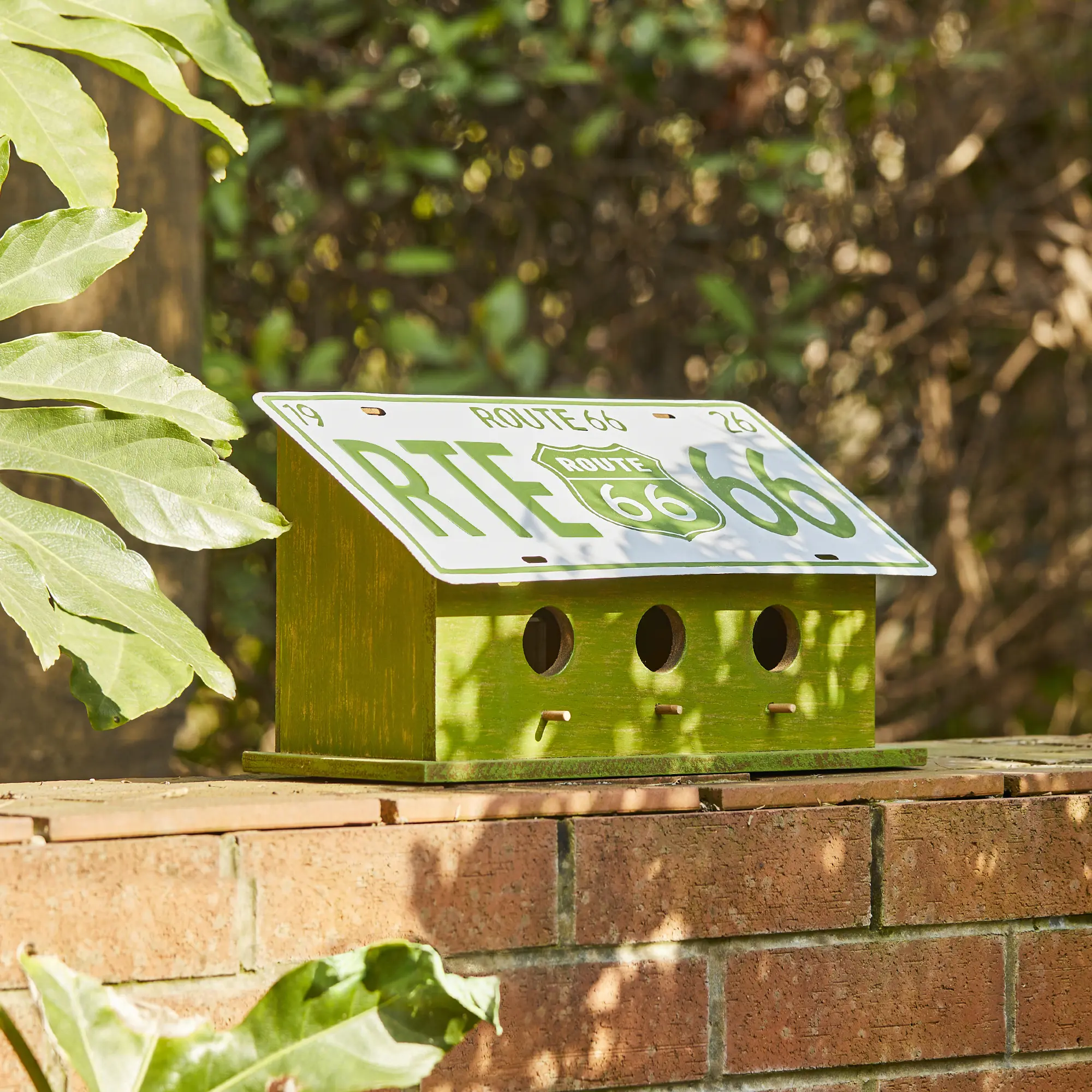 Glitzhome 14"L Route 66 Mother Road Green Distressed MDF and Metal Decorative Outdoor Garden Birdhouse, Hanging Bird House