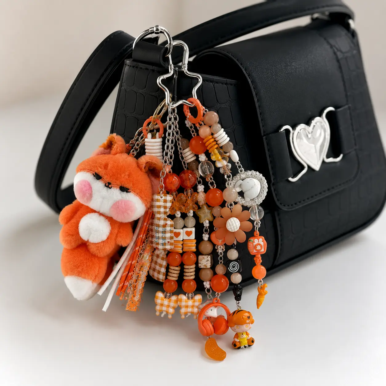 Handmade Orange Fox Plush Bag Charm – Kawaii Fox Keychain with Beaded Charms, Cute Backpack Accessory, Purse Charm, Car Keychain & Gift for Women