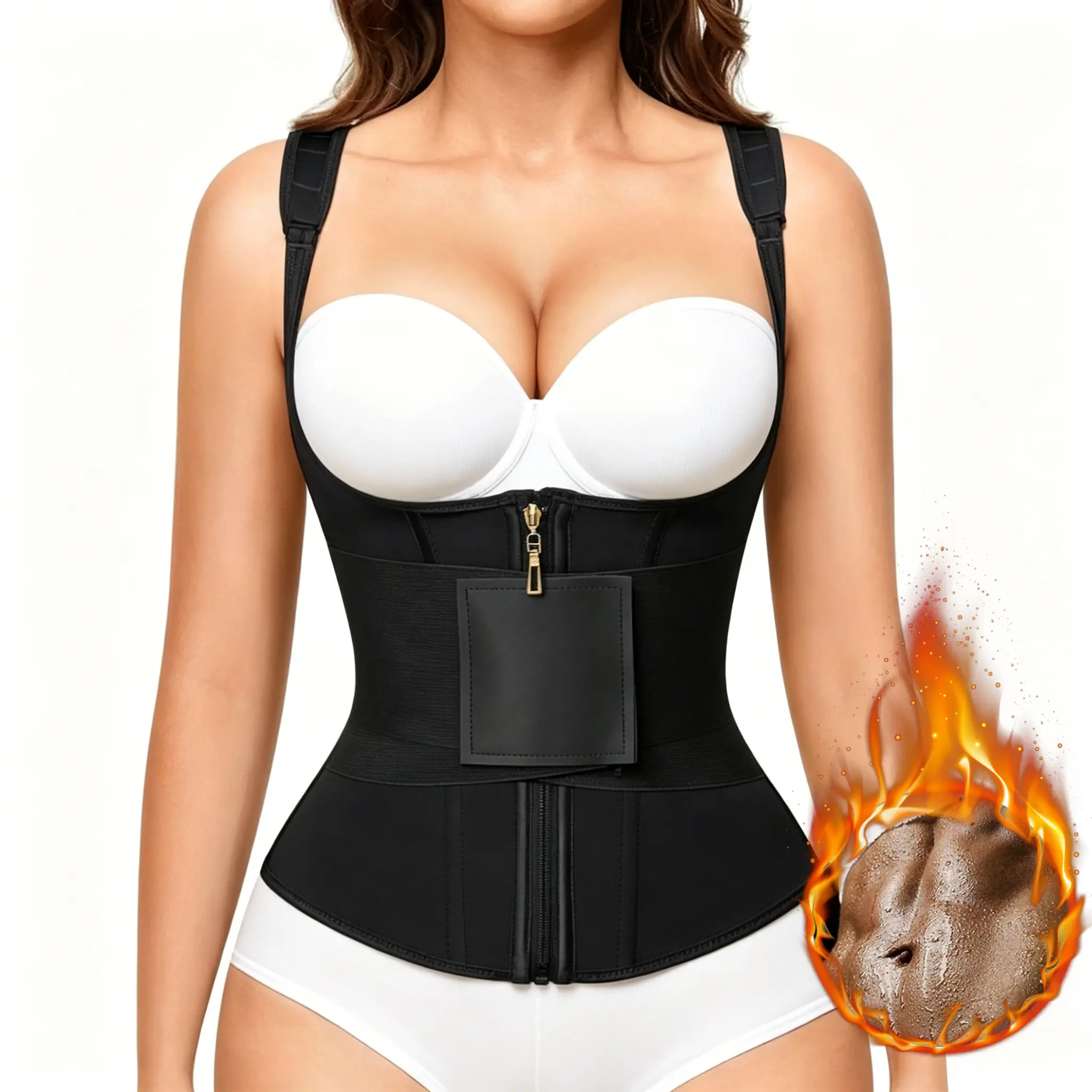 Women's Activewear Waist Trainer Vest, Compression Tummy Control Body Shaper with Zipper, Hooks & Adjustable Straps for Postpartum Workout Use