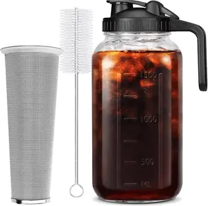 64 oz (2 Quart), Black Cold Brew Coffee Maker, Iced  Machines, Thick Glass with Pour Spout Handle Lid, Stainless Steel Filter for Iced Coffee, Fruit Drinks or Sun  (1)