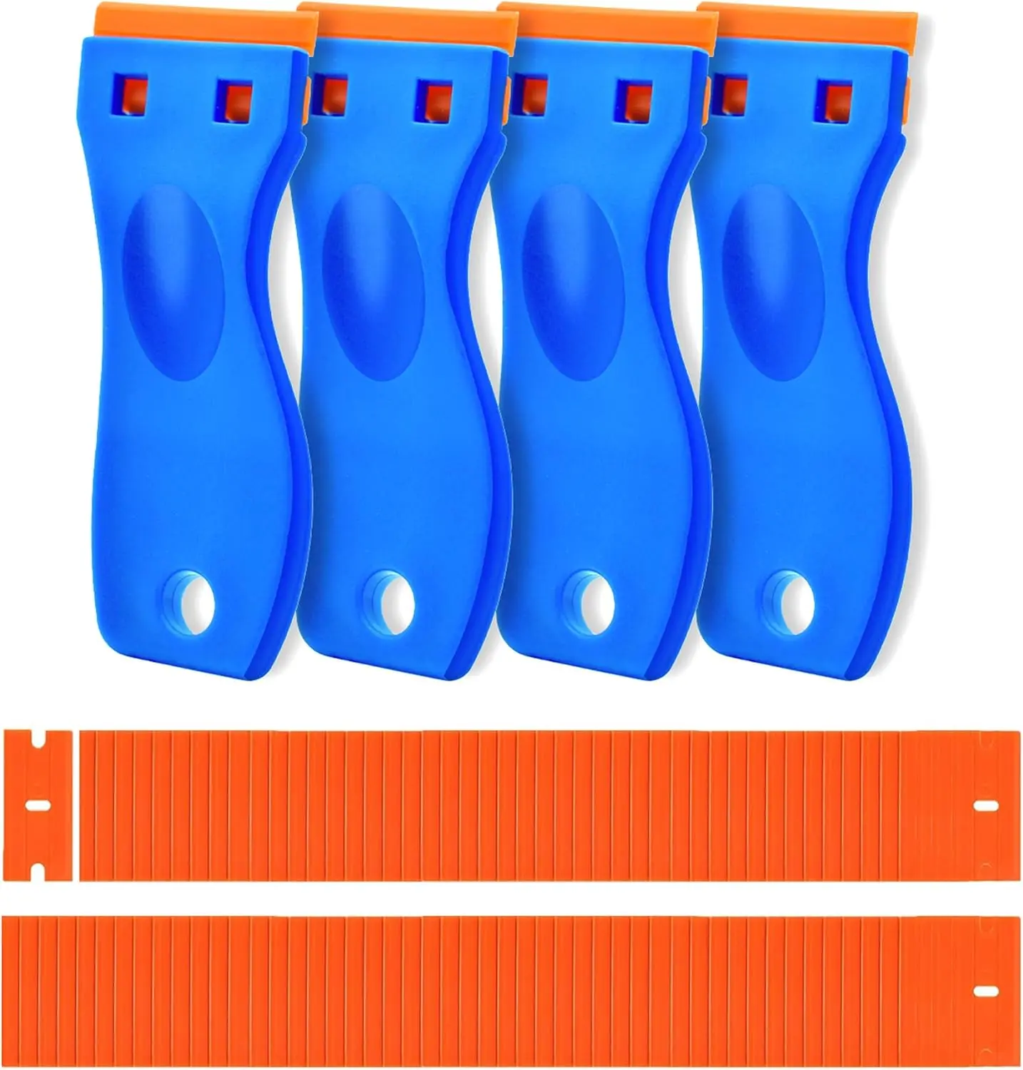 Scratch-Proof Molded Plastic Razor Scraper Set - 4-Count Scrapers, 120-Piece Adhesive Remover Tool with Safe Edge for Cleaning Kitchen Appliances, Stickers, Glass & Dripped Wax