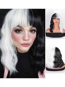 VITORISH Black and White Short Bob Wig with Bangs for Women 14 Inch Loose Wavy Synthetic Wig with Adjustable Breathable Cap for Cosplay Party Use