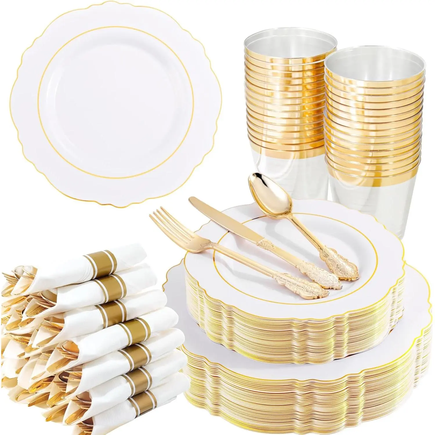 350 count  Plastic Plates-Disposable White and  Plates 50guest Baroque Plastic Dinnerware include 100Plates, 50Pack Pre Rolled Napkins with Silverware 50Cups for Wedding&Fall Decor