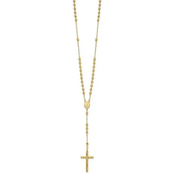 14K Yellow Gold Rosary Necklace, 4mm Beaded Chain, 24 inch Length, Cross Pendant
