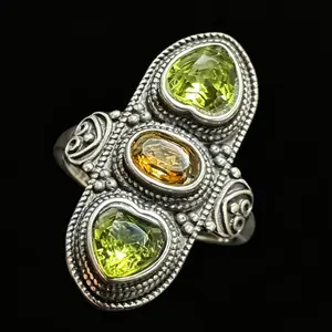 925 Sterling Silver Peridot & Citrine Adjustable Statement Ring