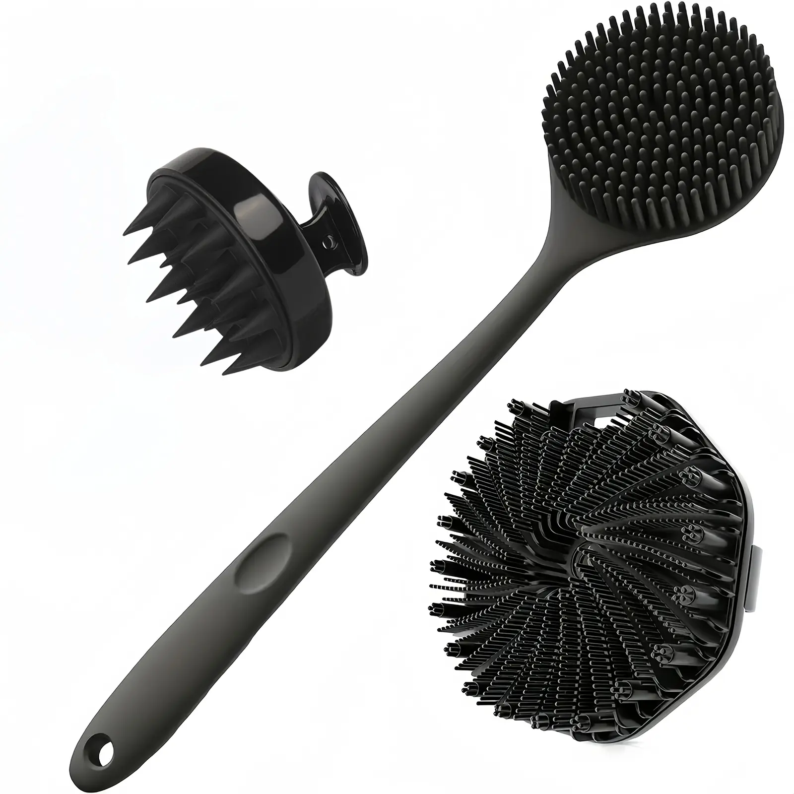Portable Wall-Mounted Silicone Shower Brush Set, Exfoliating Shower Scrubber, Scalp Cleaning Brush, Long Handle Body Brush, Body Care Tool, 3 Piece Bathroom Accessories Kit, Body Brush For Showering, Body Wash Scrubber, Body Skin Scrubber