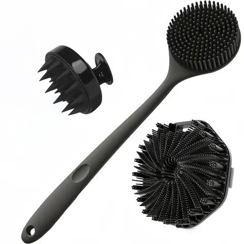 Portable Wall-Mounted Silicone Shower Brush Set, Scalp Cleaning Brush, Long Handle Body Brush, 3 Piece Bathroom Accessories Kit, Shower Bath Tool, Shower Body Scrubber, Bathing Accessory, Bathroom Supplies